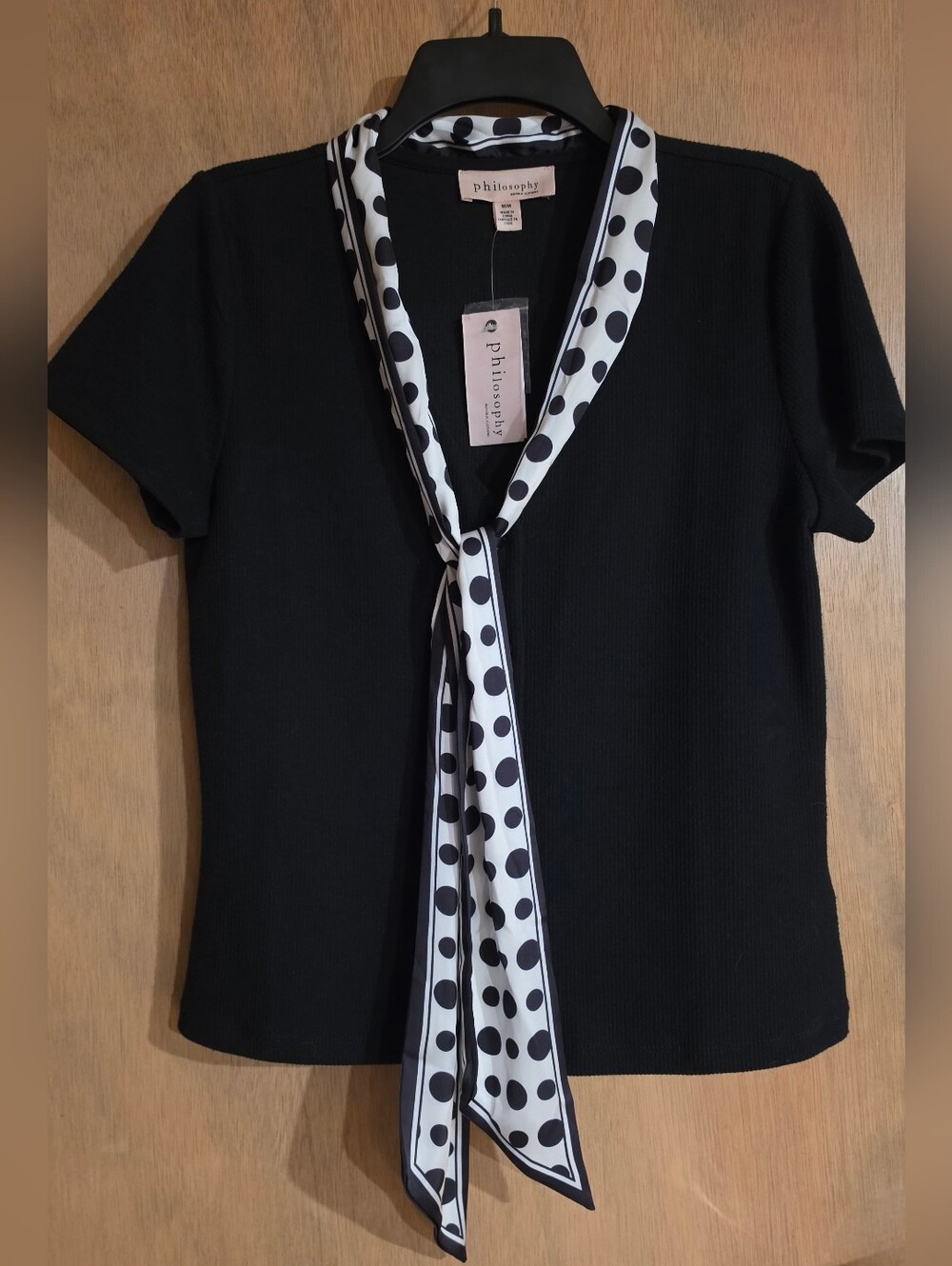 Philosophy Black Button Front Top with Polka Dot Neck Scarf Med New - Picture 3 of 11